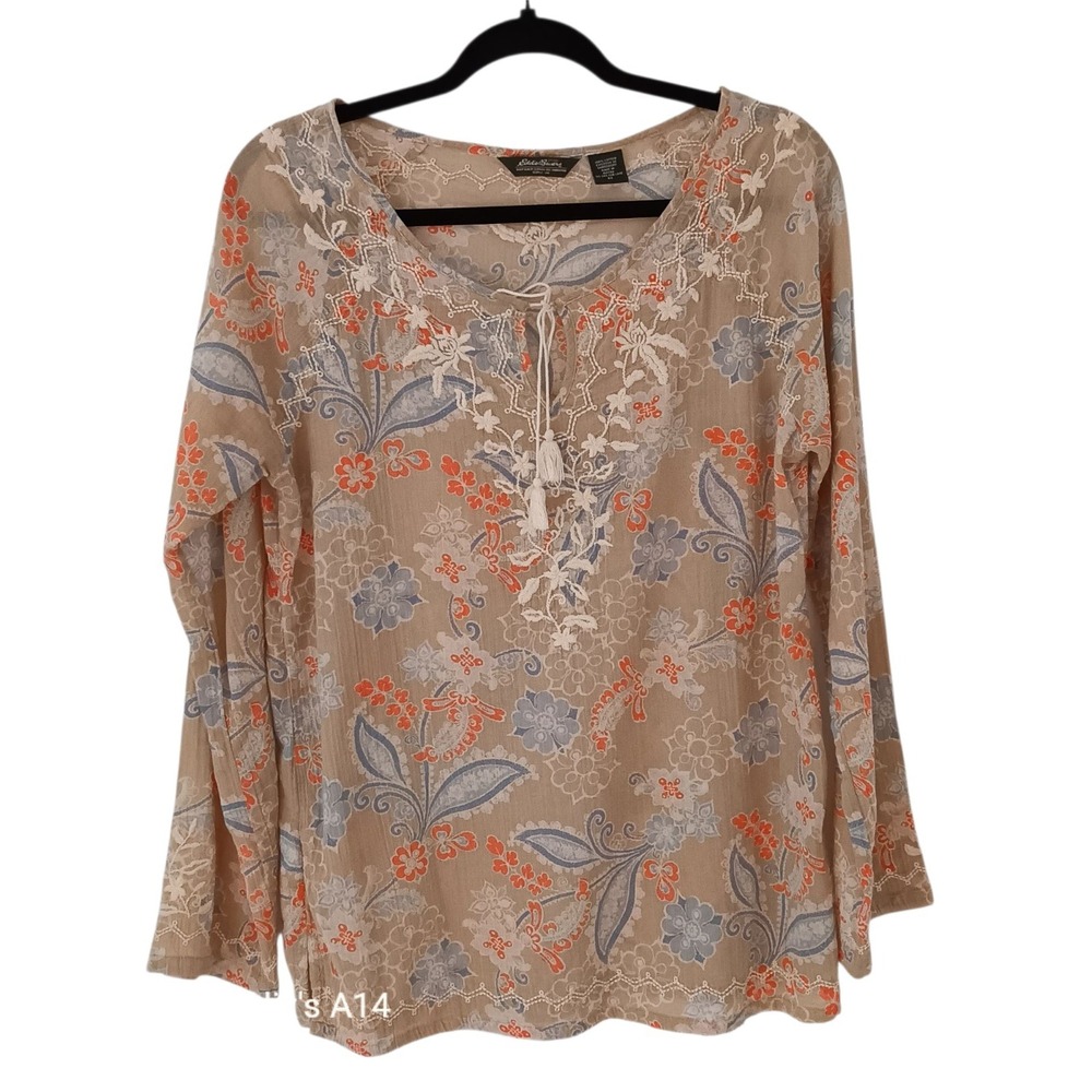 Eddie Bauer Women's Blouse M  Beige Floral Top Embroidered Neckline‎ Boho Chic
